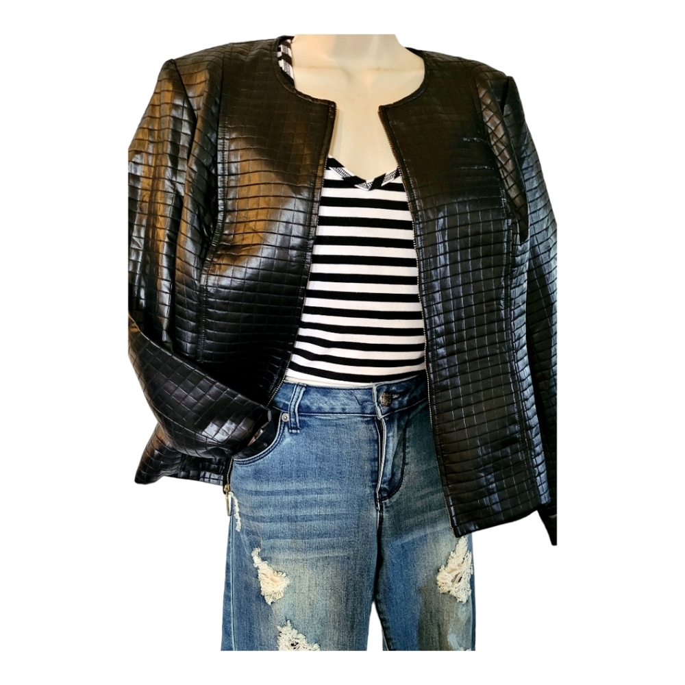 Quilted leather look lightweight 90s oversized black jacket size large - Picture 1 of 11